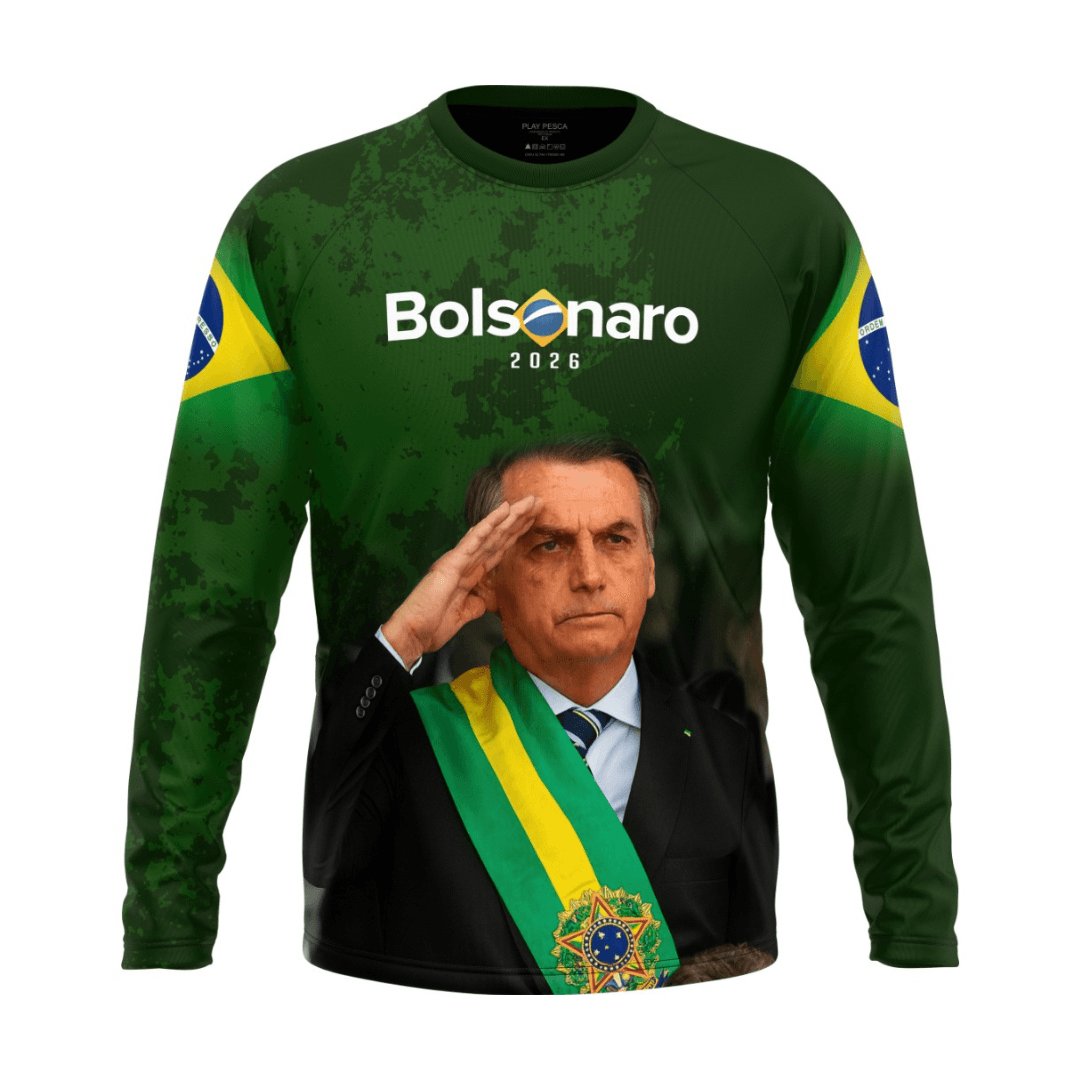 Camisa verde de manga longa Bolsonaro 2026 com imagem de Jair Bolsonaro