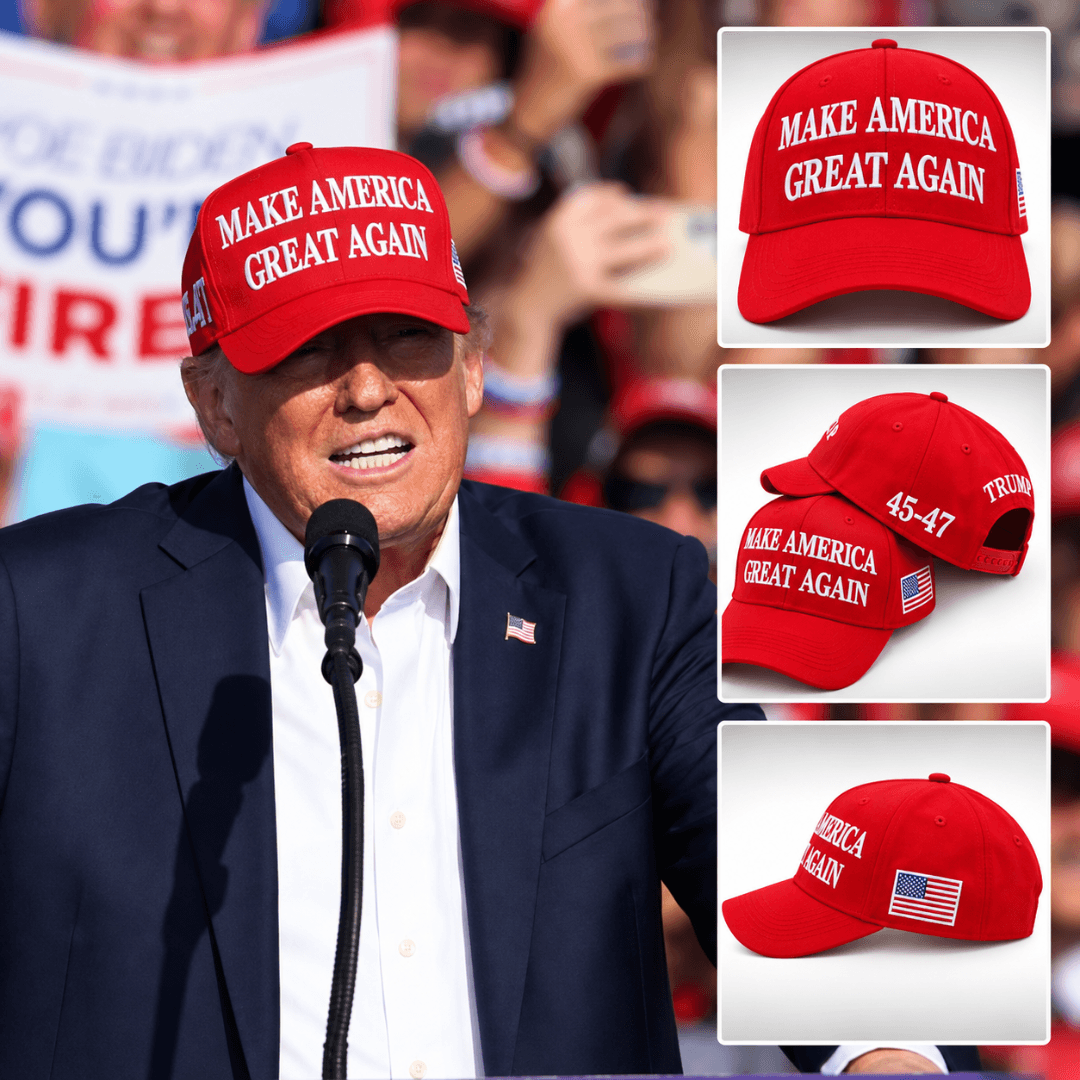 Composição com Donald Trump usando o boné em evento e três fotos do produto