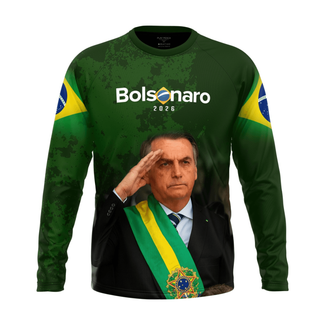 Camisa verde de manga longa Bolsonaro 2026 com imagem de Jair Bolsonaro