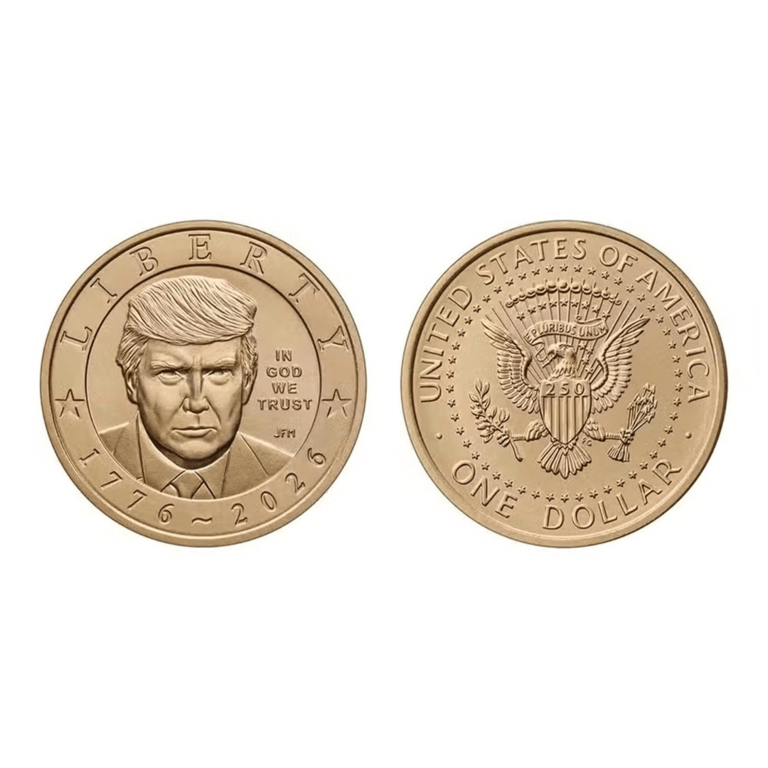 Peça numismática dourada com retrato de Donald Trump: anverso e reverso lado a lado