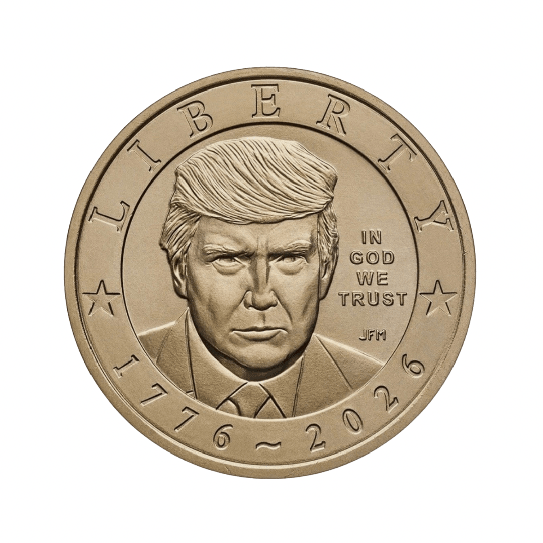 Anverso da peça numismática com retrato de Donald Trump e as inscrições Liberty e 1776 ~ 2026