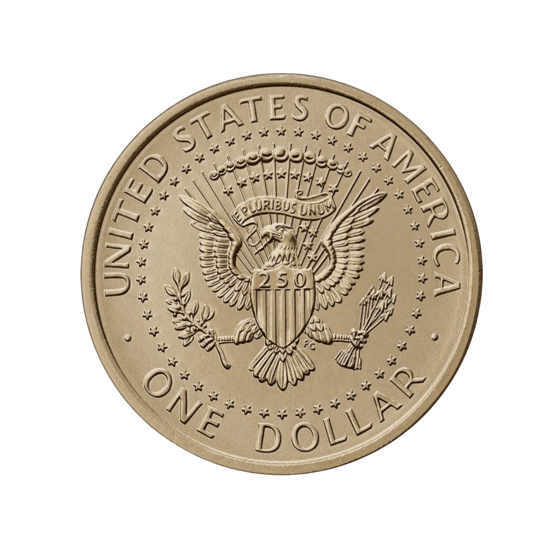 Reverso da peça numismática com águia heráldica, escudo 250 e as inscrições United States of America e One Dollar