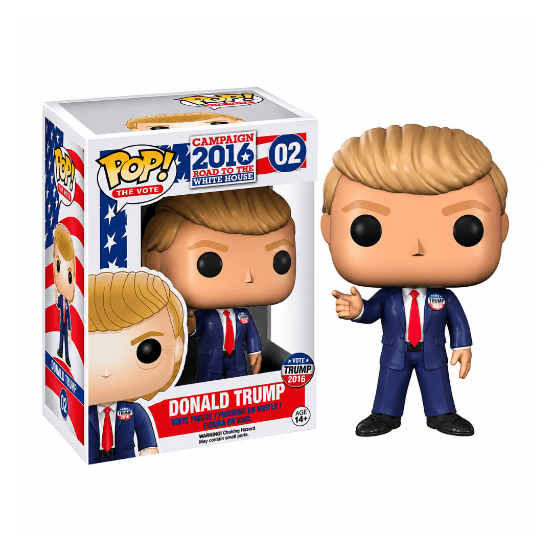 Imagem de referência do modelo: figura de Donald Trump ao lado da caixa, sem assinatura